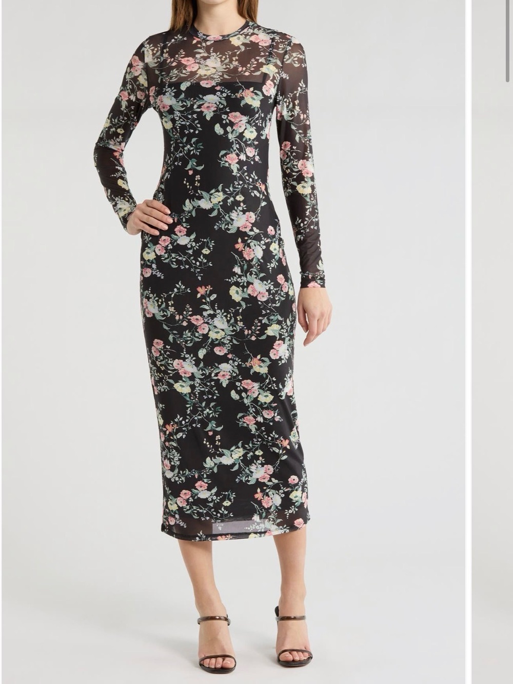 AFRM Black Long Sleeve Floral Midi Dress with Pink & Cream Blooms - Picture 6 of 6